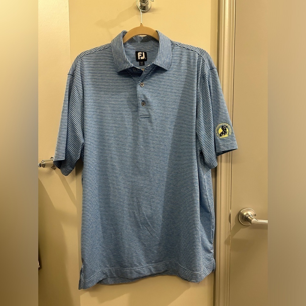 FootJoy Golf Polo Short Sleeve Shirt Mens Large Blue White Stripe Golf Club Logo